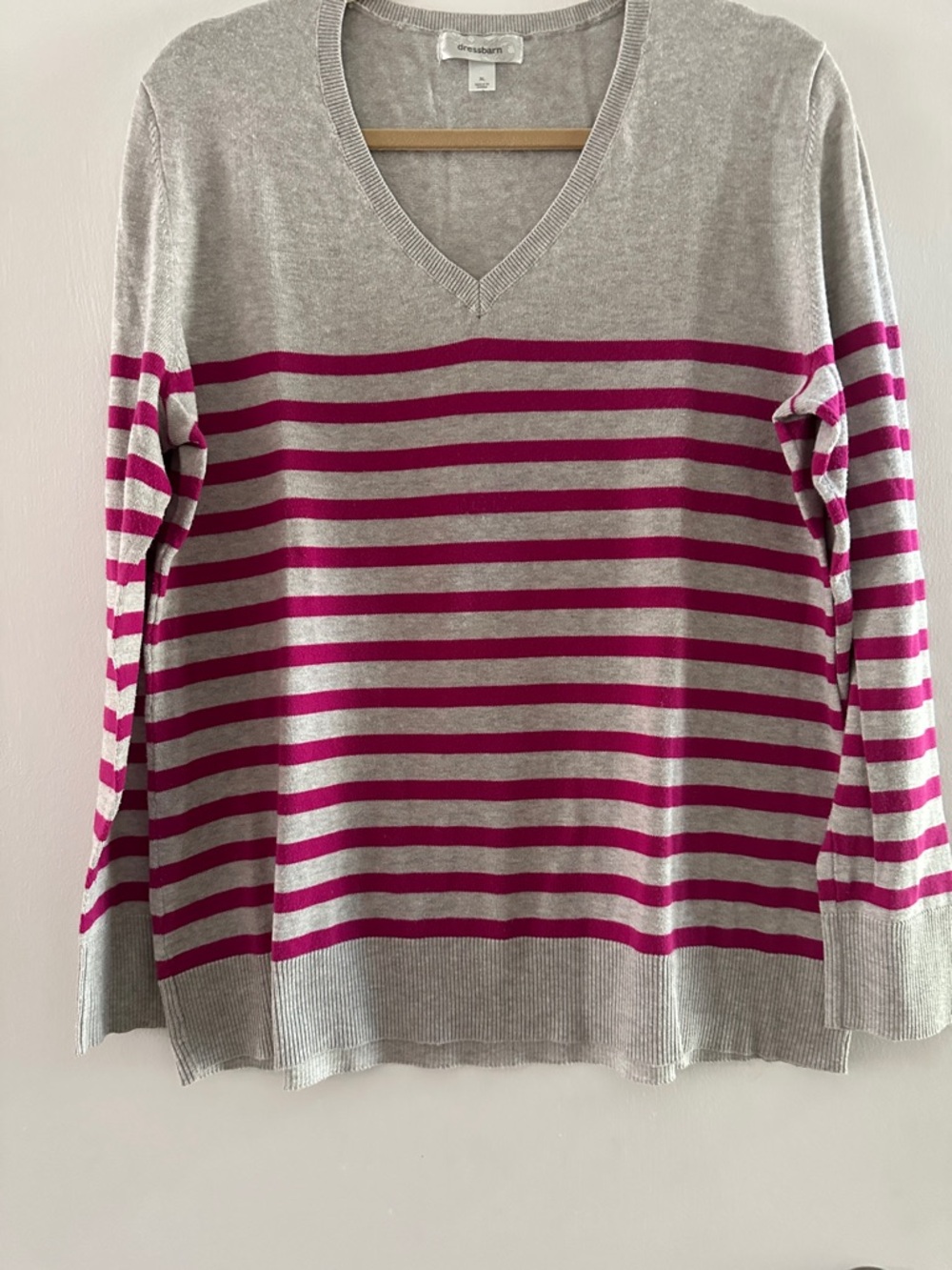 Dress Barn Gray and Bright Pink Striped V-Neck Sweater
